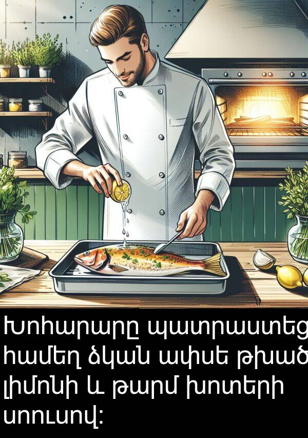 սոուսով: Խոհարարը պատրաստեց համեղ ձկան ափսե թխած լիմոնի և թարմ խոտերի սոուսով: