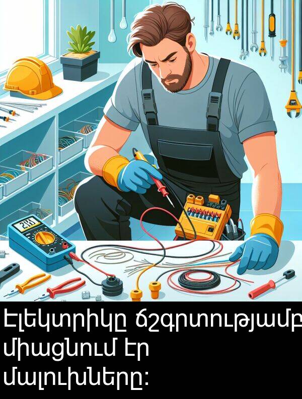 ճշգրտությամբ: Էլեկտրիկը ճշգրտությամբ միացնում էր մալուխները։