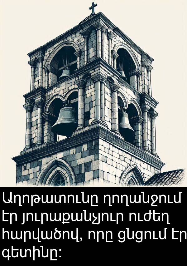 յուրաքանչյուր: Աղոթատունը ղողանջում էր յուրաքանչյուր ուժեղ հարվածով, որը ցնցում էր գետինը։