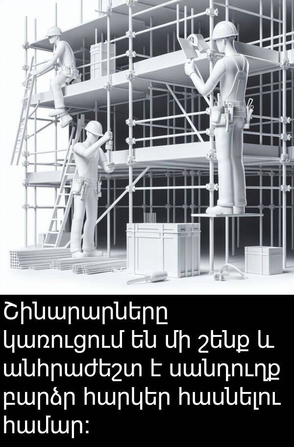 կառուցում: Շինարարները կառուցում են մի շենք և անհրաժեշտ է սանդուղք բարձր հարկեր հասնելու համար: