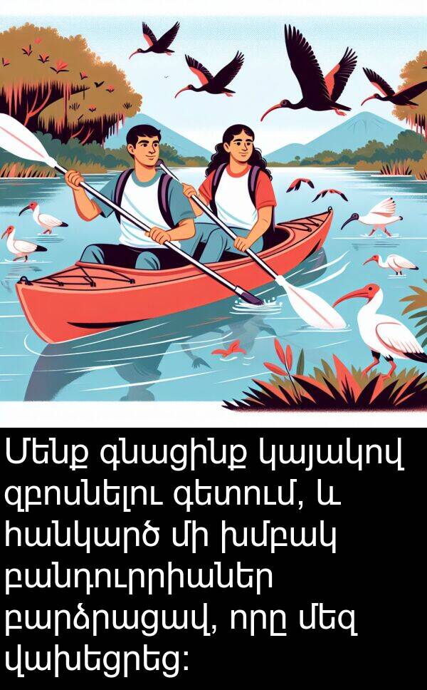գնացինք: Մենք գնացինք կայակով զբոսնելու գետում, և հանկարծ մի խմբակ բանդուրրիաներ բարձրացավ, որը մեզ վախեցրեց: