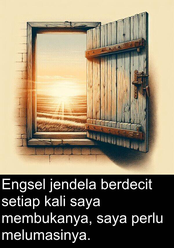 melumasinya: Engsel jendela berdecit setiap kali saya membukanya, saya perlu melumasinya.