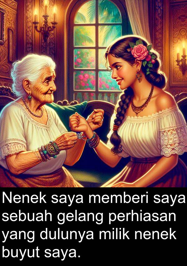 nenek: Nenek saya memberi saya sebuah gelang perhiasan yang dulunya milik nenek buyut saya.
