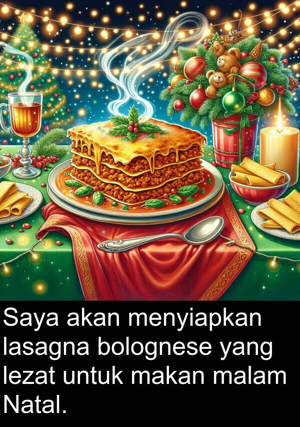 lezat: Saya akan menyiapkan lasagna bolognese yang lezat untuk makan malam Natal.