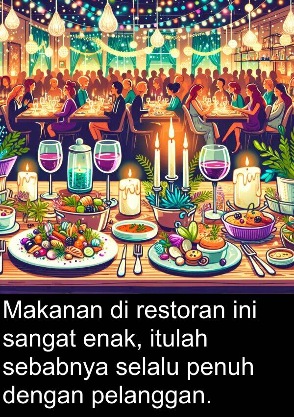 sebabnya: Makanan di restoran ini sangat enak, itulah sebabnya selalu penuh dengan pelanggan.