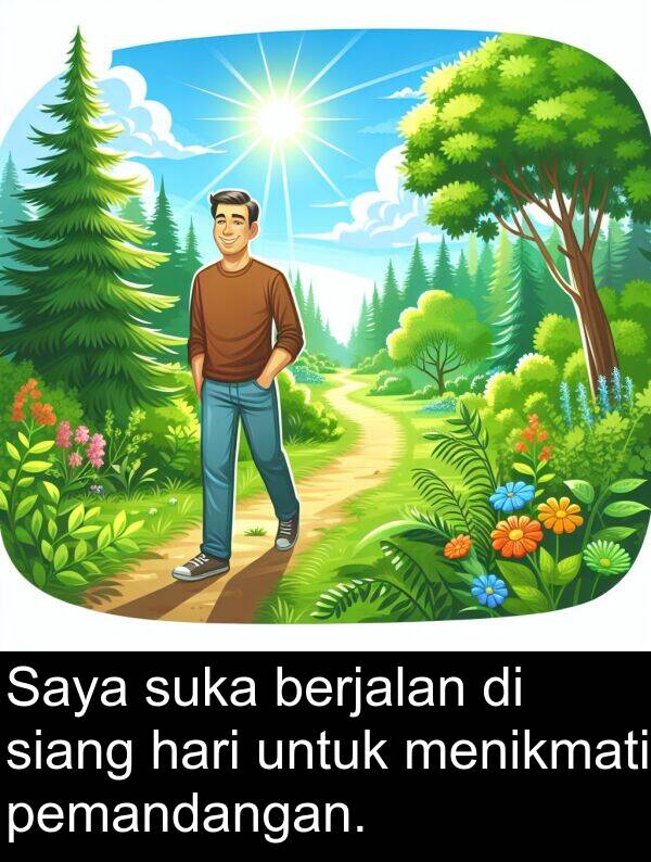 pemandangan: Saya suka berjalan di siang hari untuk menikmati pemandangan.