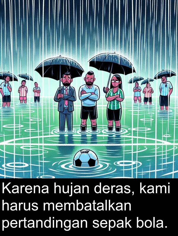 hujan: Karena hujan deras, kami harus membatalkan pertandingan sepak bola.