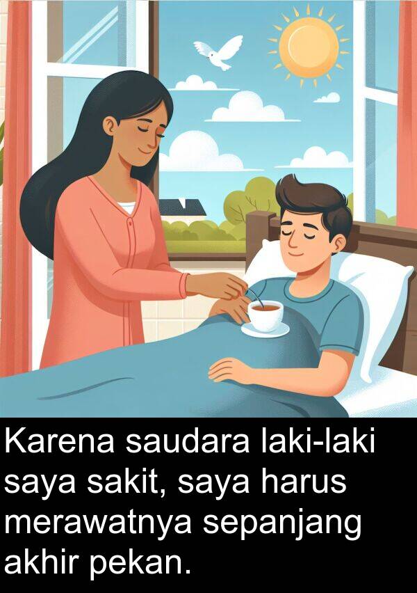 sakit: Karena saudara laki-laki saya sakit, saya harus merawatnya sepanjang akhir pekan.