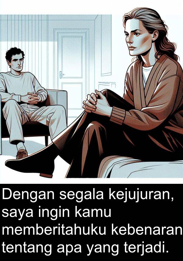 memberitahuku: Dengan segala kejujuran, saya ingin kamu memberitahuku kebenaran tentang apa yang terjadi.