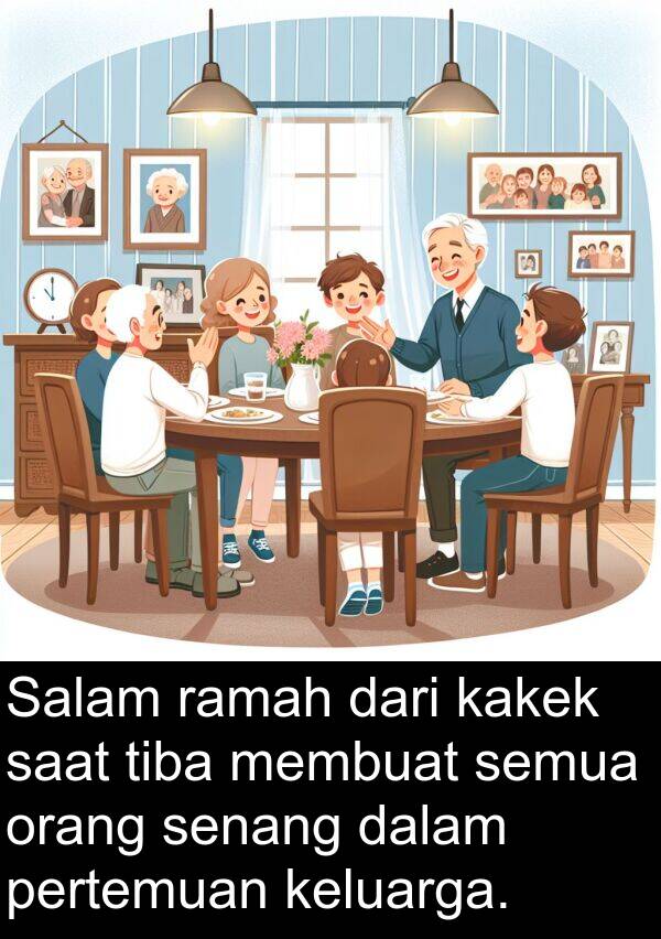 ramah: Salam ramah dari kakek saat tiba membuat semua orang senang dalam pertemuan keluarga.