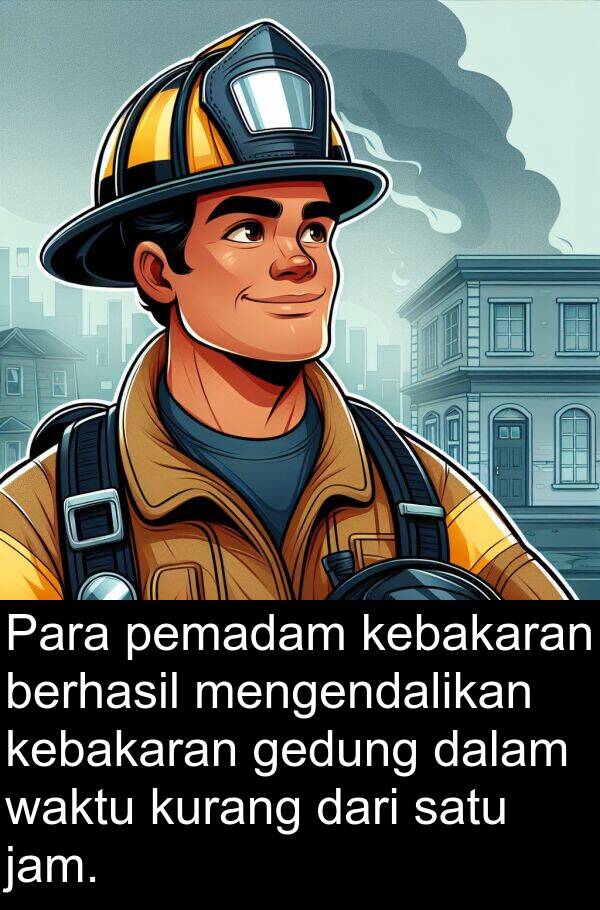 jam: Para pemadam kebakaran berhasil mengendalikan kebakaran gedung dalam waktu kurang dari satu jam.
