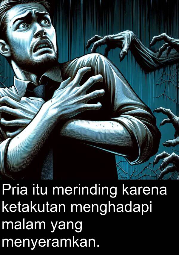 menghadapi: Pria itu merinding karena ketakutan menghadapi malam yang menyeramkan.