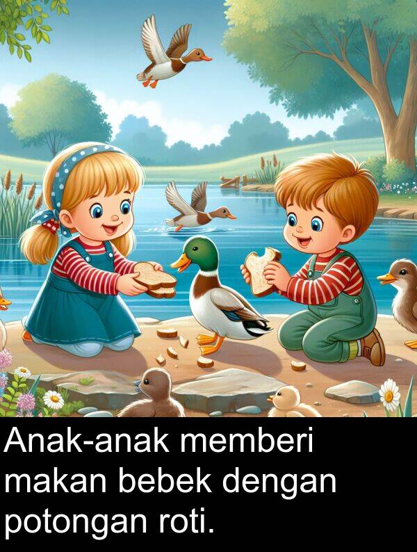 makan: Anak-anak memberi makan bebek dengan potongan roti.