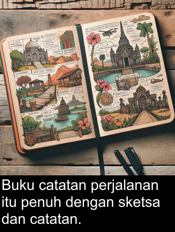 catatan: Buku catatan perjalanan itu penuh dengan sketsa dan catatan.