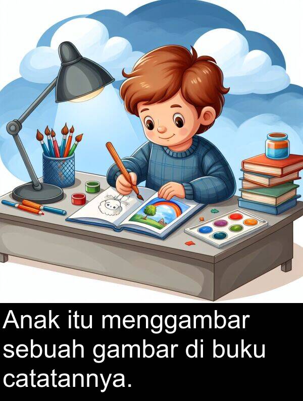 sebuah: Anak itu menggambar sebuah gambar di buku catatannya.