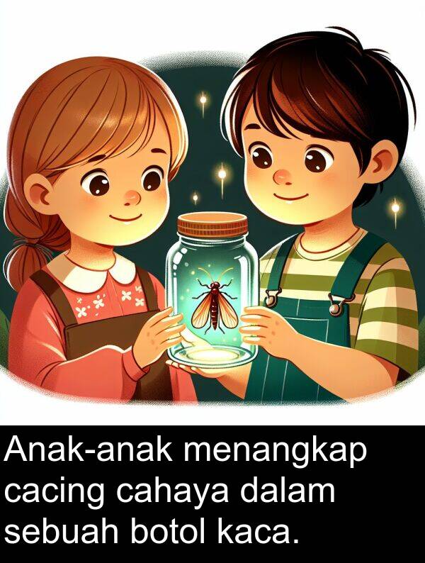 sebuah: Anak-anak menangkap cacing cahaya dalam sebuah botol kaca.