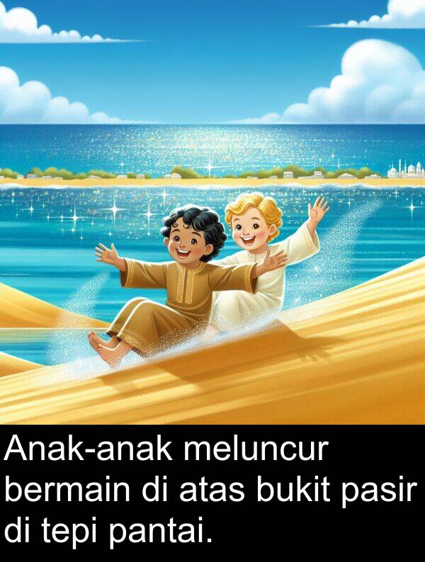 pasir: Anak-anak meluncur bermain di atas bukit pasir di tepi pantai.