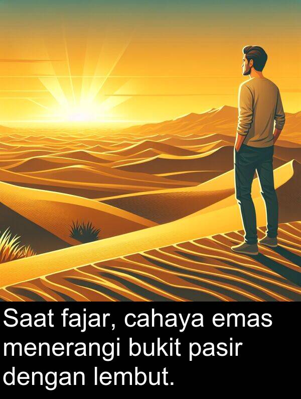 pasir: Saat fajar, cahaya emas menerangi bukit pasir dengan lembut.