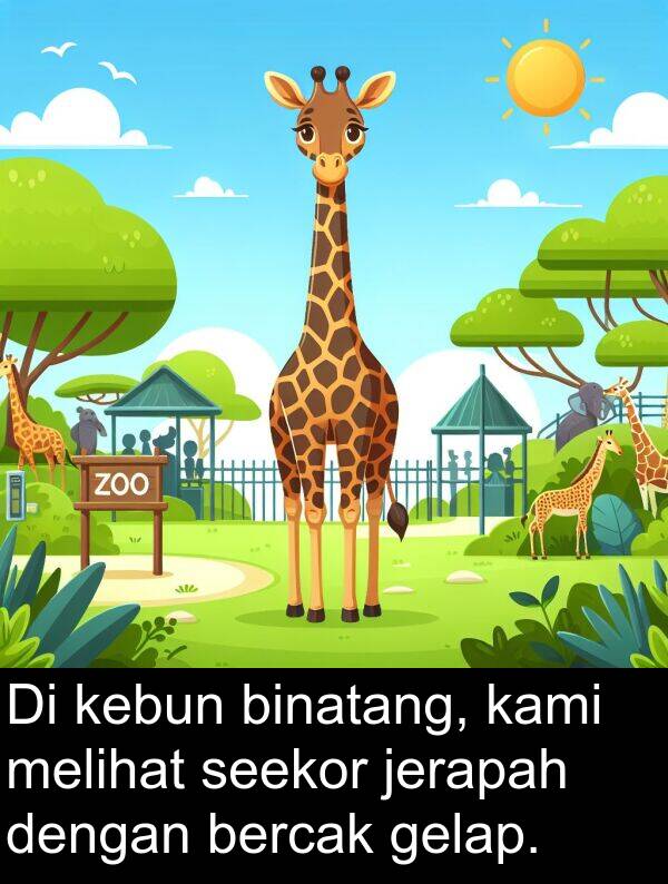 jerapah: Di kebun binatang, kami melihat seekor jerapah dengan bercak gelap.
