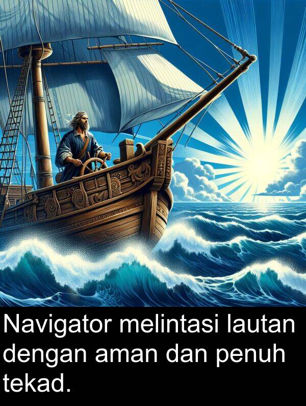 tekad: Navigator melintasi lautan dengan aman dan penuh tekad.