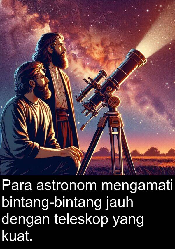 teleskop: Para astronom mengamati bintang-bintang jauh dengan teleskop yang kuat.