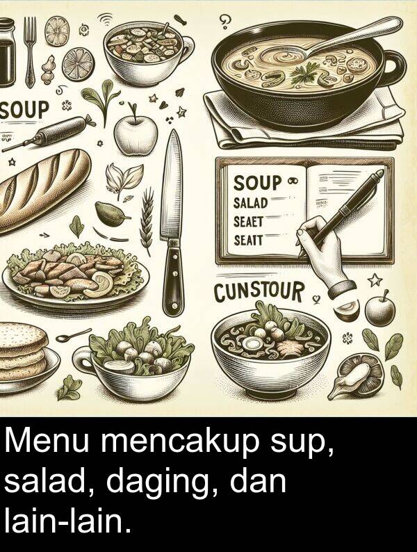 salad: Menu mencakup sup, salad, daging, dan lain-lain.