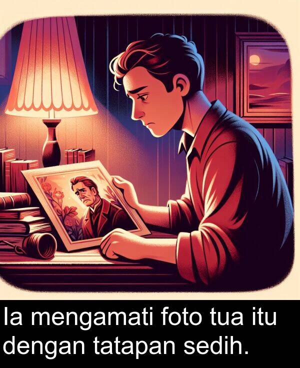 tatapan: Ia mengamati foto tua itu dengan tatapan sedih.