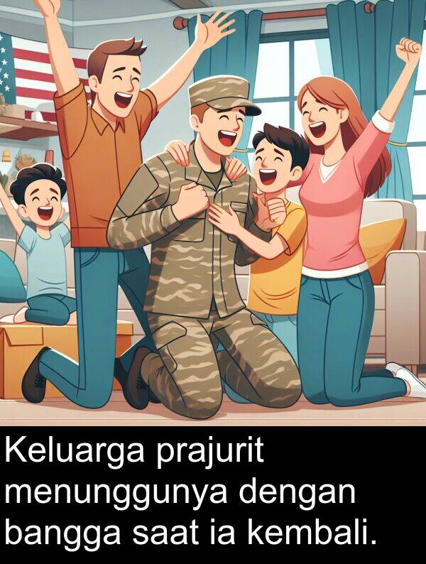 saat: Keluarga prajurit menunggunya dengan bangga saat ia kembali.