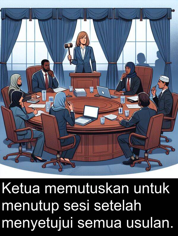 sesi: Ketua memutuskan untuk menutup sesi setelah menyetujui semua usulan.