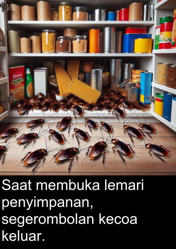 segerombolan: Saat membuka lemari penyimpanan, segerombolan kecoa keluar.