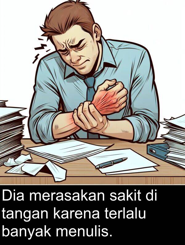 sakit: Dia merasakan sakit di tangan karena terlalu banyak menulis.