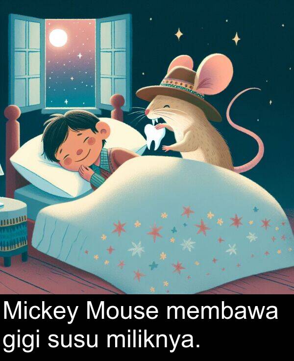 membawa: Mickey Mouse membawa gigi susu miliknya.