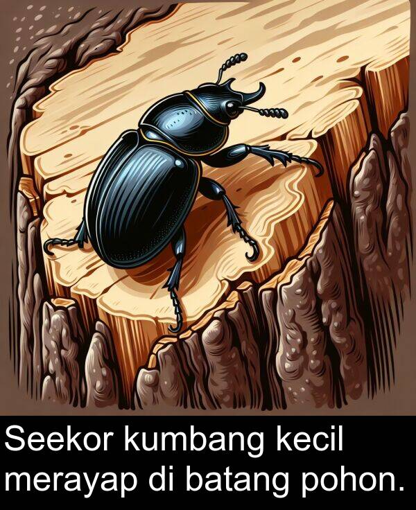 batang: Seekor kumbang kecil merayap di batang pohon.