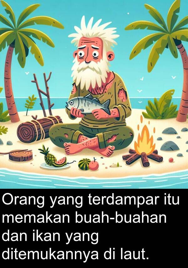 terdampar: Orang yang terdampar itu memakan buah-buahan dan ikan yang ditemukannya di laut.