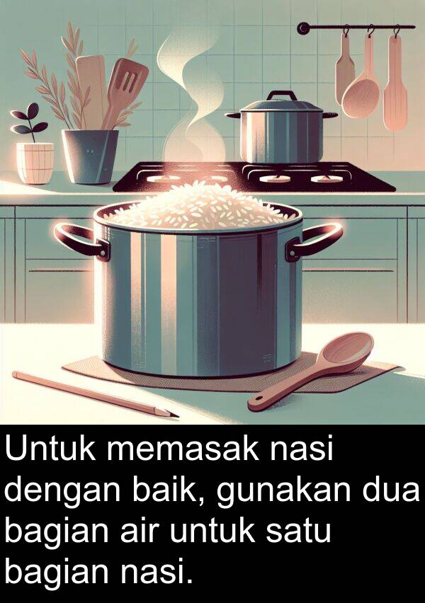 memasak: Untuk memasak nasi dengan baik, gunakan dua bagian air untuk satu bagian nasi.