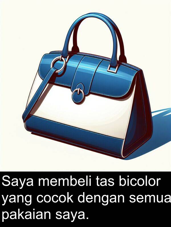 semua: Saya membeli tas bicolor yang cocok dengan semua pakaian saya.