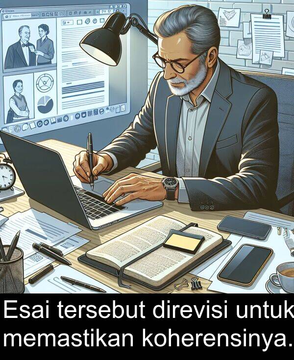 memastikan: Esai tersebut direvisi untuk memastikan koherensinya.