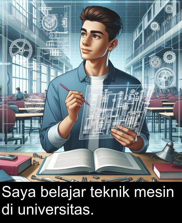 mesin: Saya belajar teknik mesin di universitas.