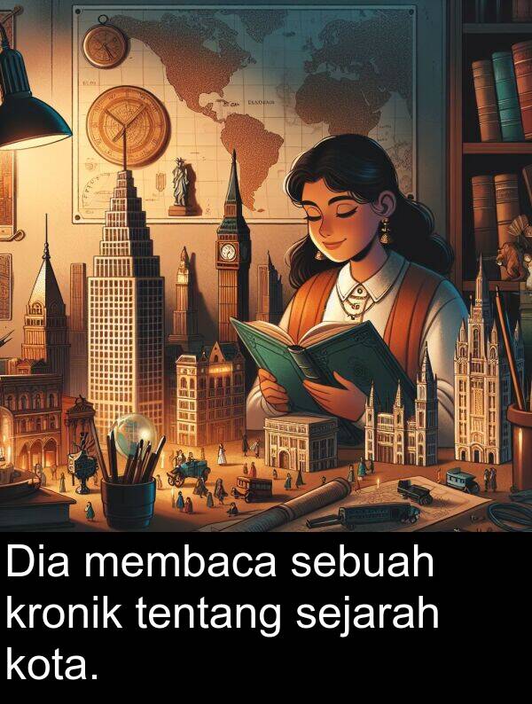 membaca: Dia membaca sebuah kronik tentang sejarah kota.