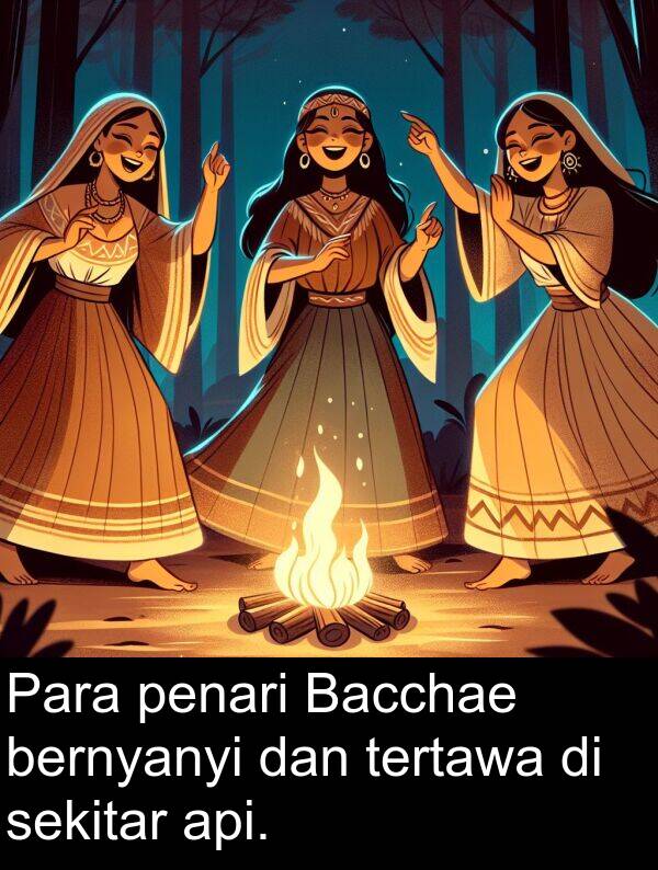 penari: Para penari Bacchae bernyanyi dan tertawa di sekitar api.