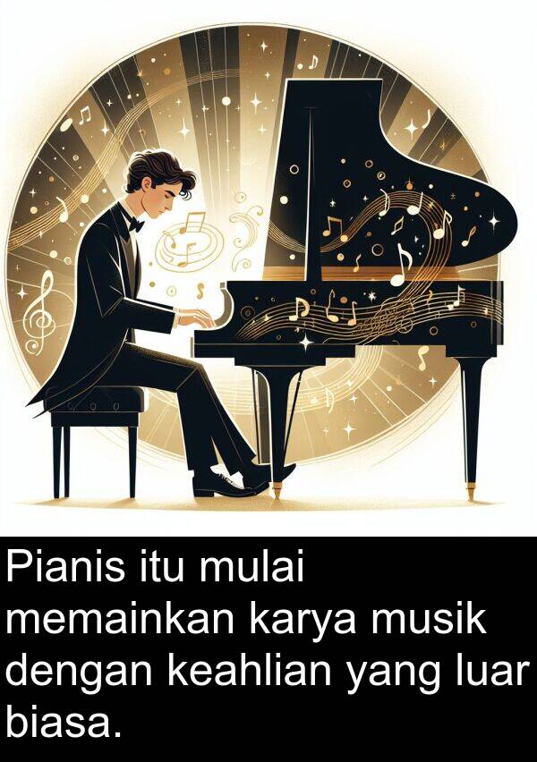 luar: Pianis itu mulai memainkan karya musik dengan keahlian yang luar biasa.