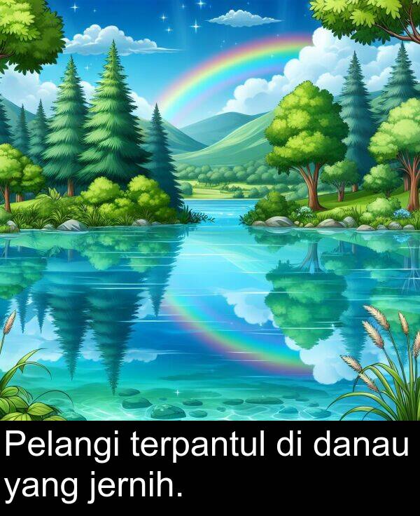 terpantul: Pelangi terpantul di danau yang jernih.