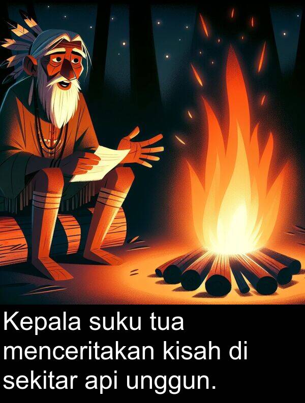 sekitar: Kepala suku tua menceritakan kisah di sekitar api unggun.
