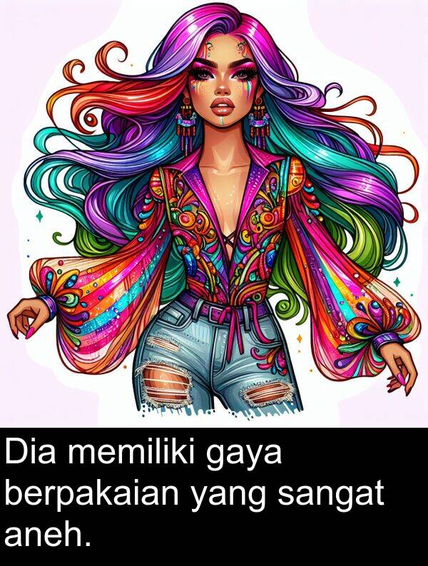 gaya: Dia memiliki gaya berpakaian yang sangat aneh.