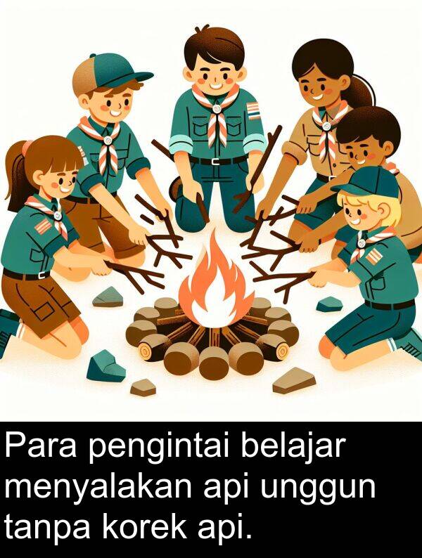 tanpa: Para pengintai belajar menyalakan api unggun tanpa korek api.