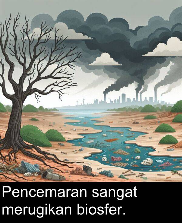 merugikan: Pencemaran sangat merugikan biosfer.