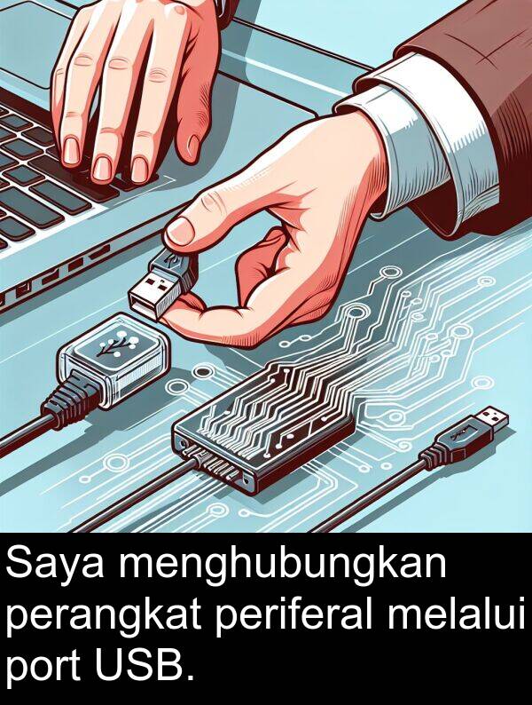 menghubungkan: Saya menghubungkan perangkat periferal melalui port USB.