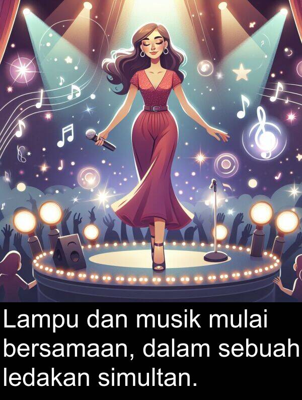 ledakan: Lampu dan musik mulai bersamaan, dalam sebuah ledakan simultan.