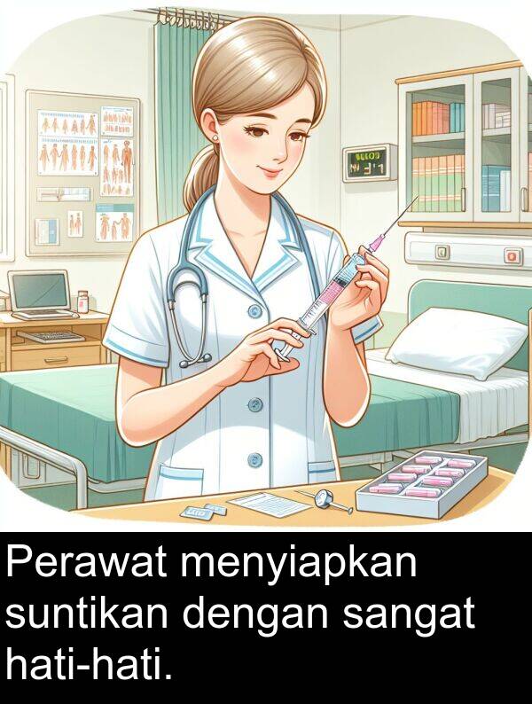 menyiapkan: Perawat menyiapkan suntikan dengan sangat hati-hati.