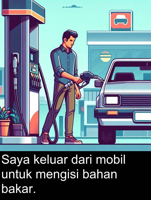 bakar: Saya keluar dari mobil untuk mengisi bahan bakar.